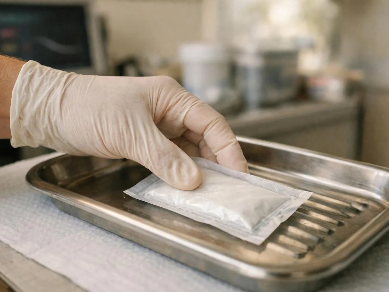 A gloved hand places a sealed white packet on a metal tray in a clinical setting