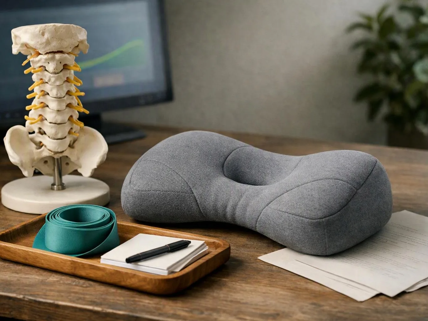 A gray neck pillow, rolled teal strap, pen, papers, and spine model sit on a wooden desk