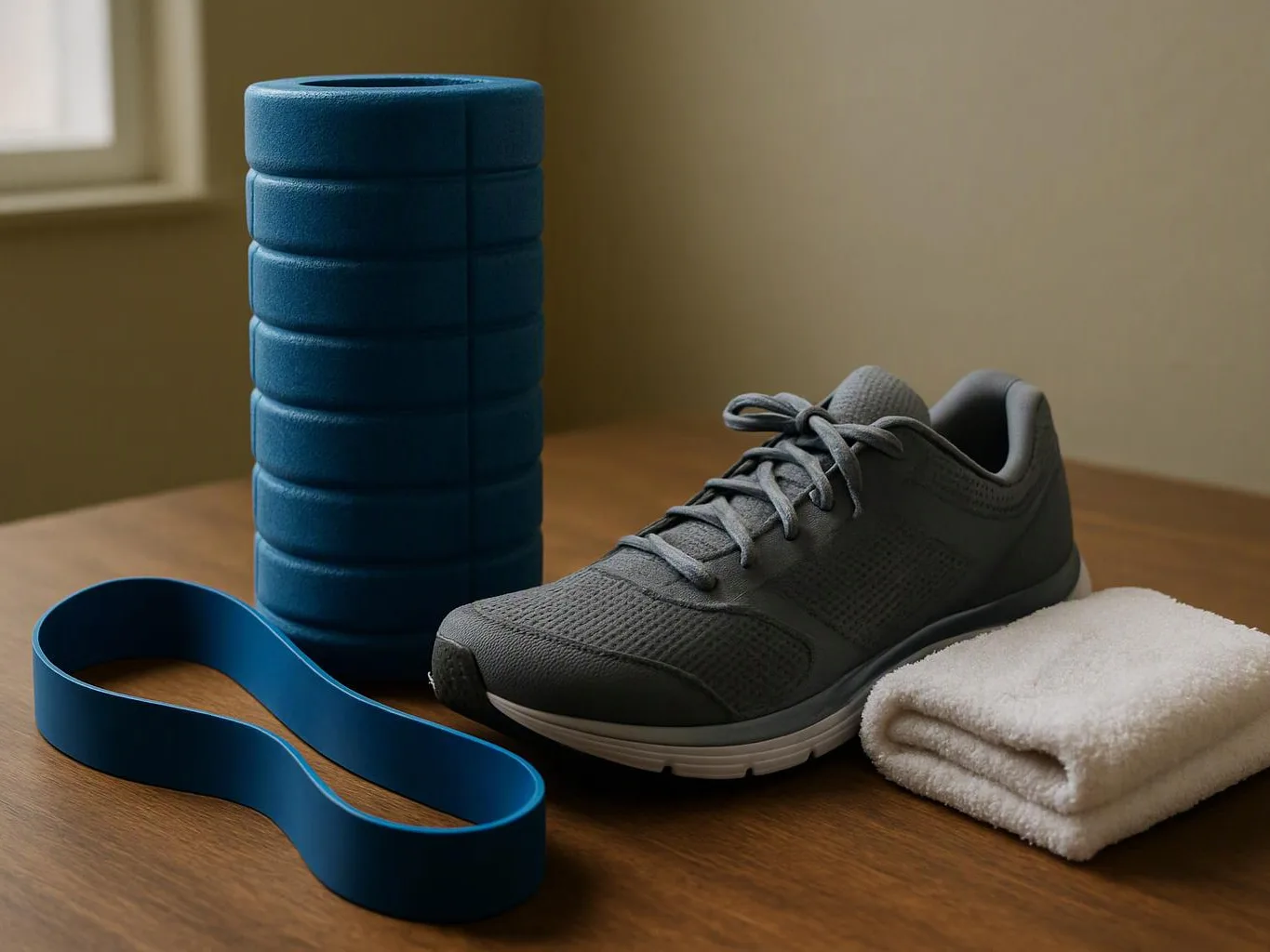 A gray running shoe, blue foam roller, resistance band, and folded white towel sit on a wooden table