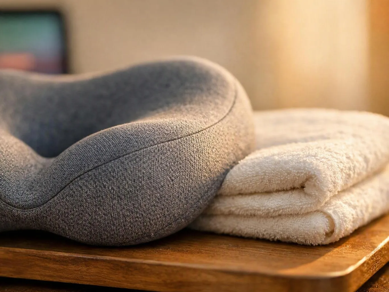 A gray travel neck pillow rests beside folded cream towels on a wooden table, lit by warm sunlight