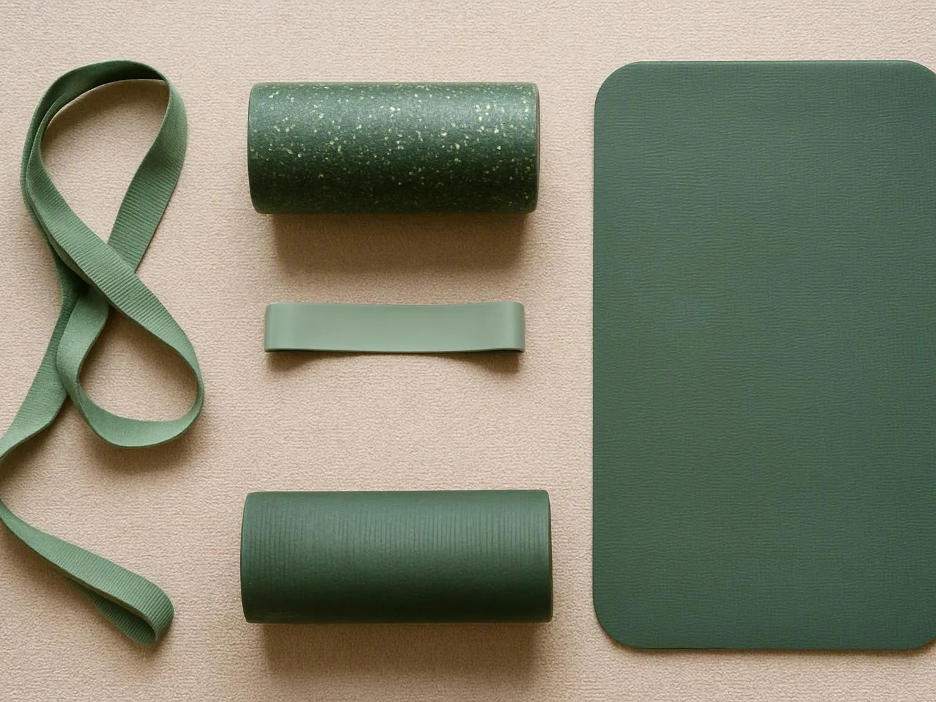 Green ribbon, rolled paper, and textured sheets arranged on a beige surface