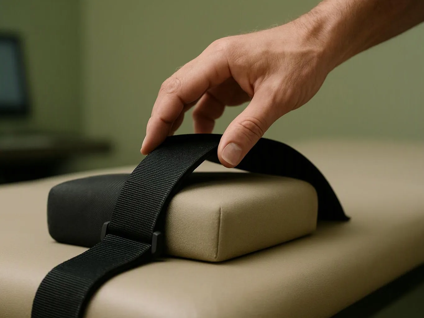 A hand lifts a black strap over a beige cushion on a soft sofa