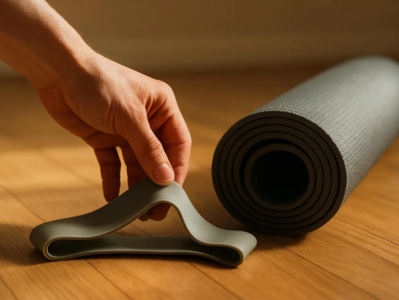 A hand lifts a folded gray yoga mat beside a rolled mat on a wooden floor