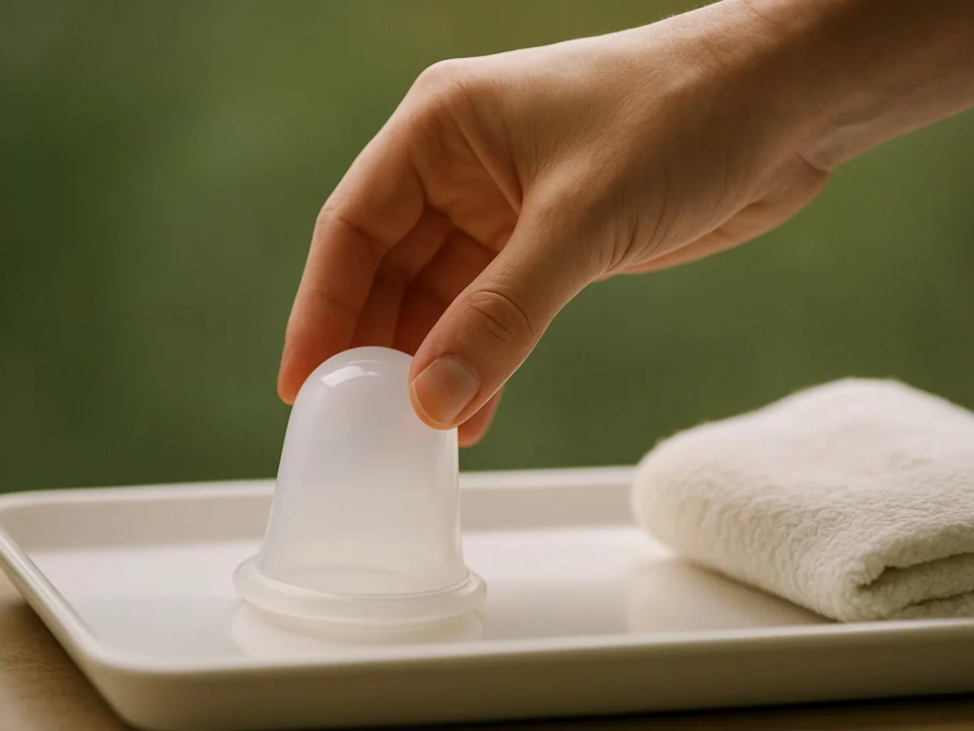 A hand places a translucent plastic cup on a tray beside a folded white towel