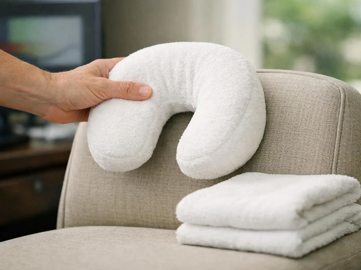A hand places a white U-shaped neck pillow on a beige chair beside folded white towels