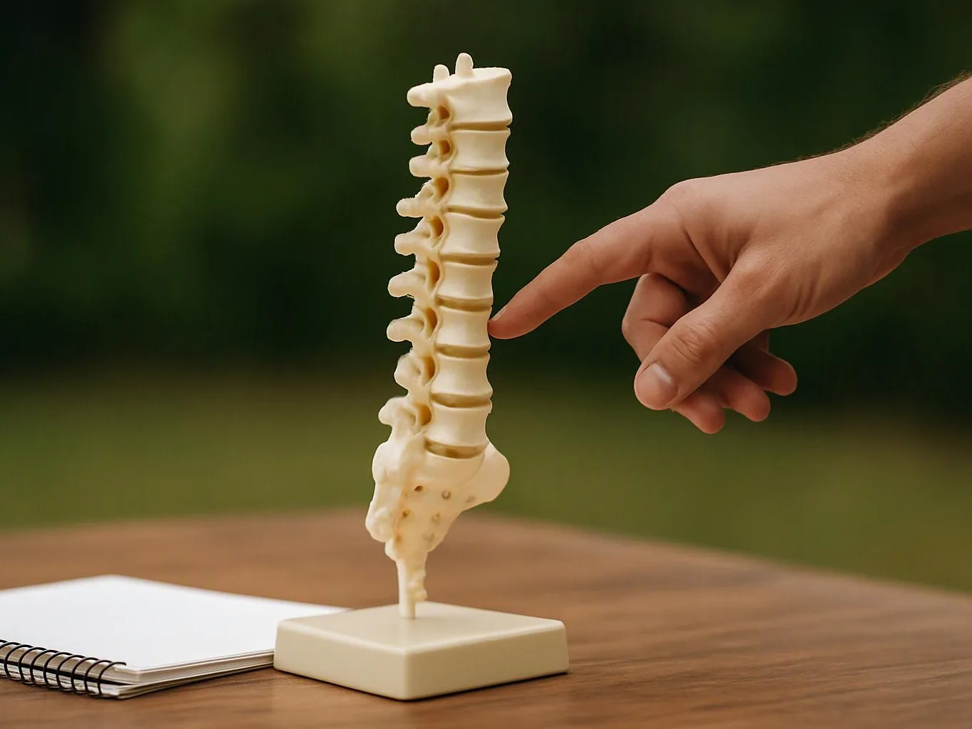 A hand points at a small spine model on a wooden table beside a notebook