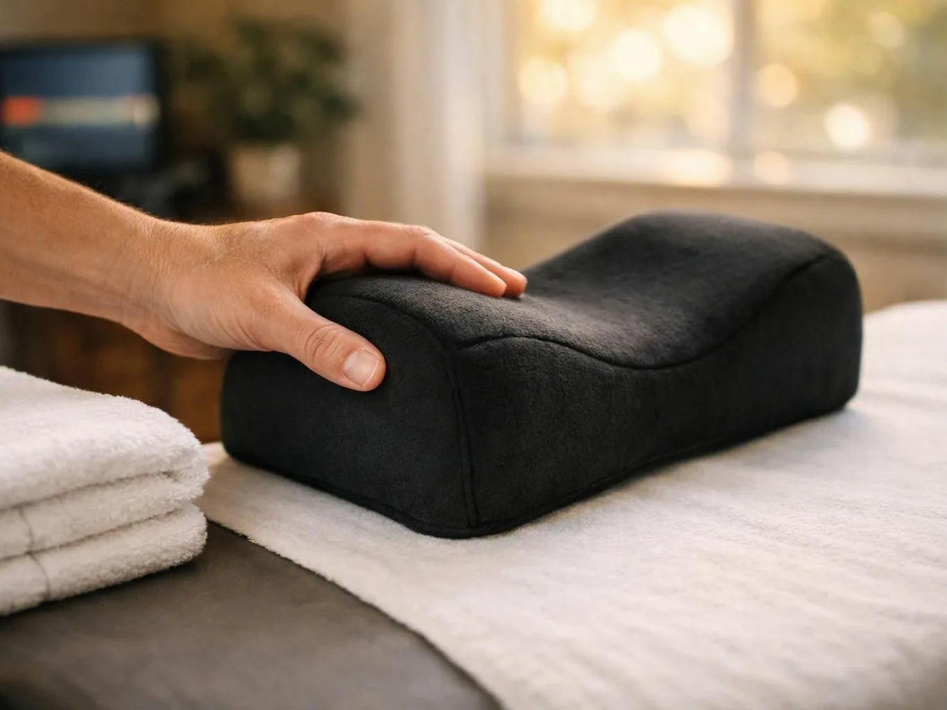 A hand presses a black contoured cushion on a white towel-covered table in a bright room