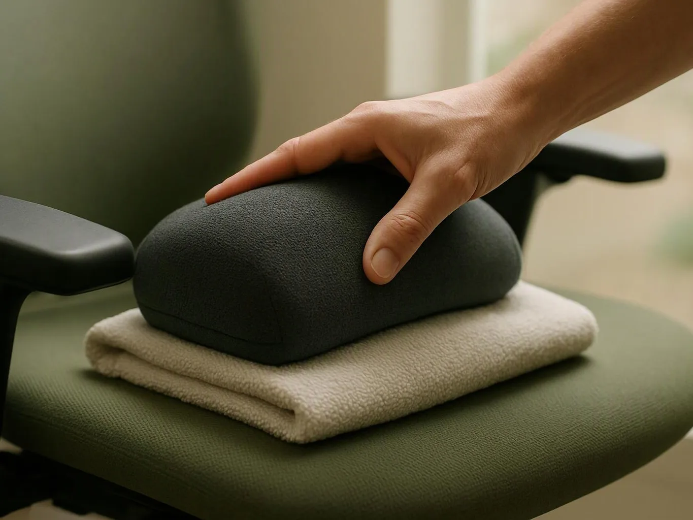 A hand presses a black cushioned object on a folded beige towel atop a green chair seat