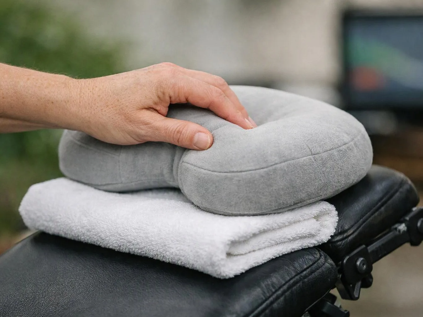 A hand presses a gray neck pillow on folded white towels atop a black chair or table