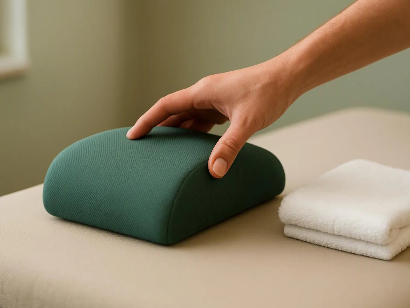 A hand presses a green foam cushion beside folded white towels on a beige table