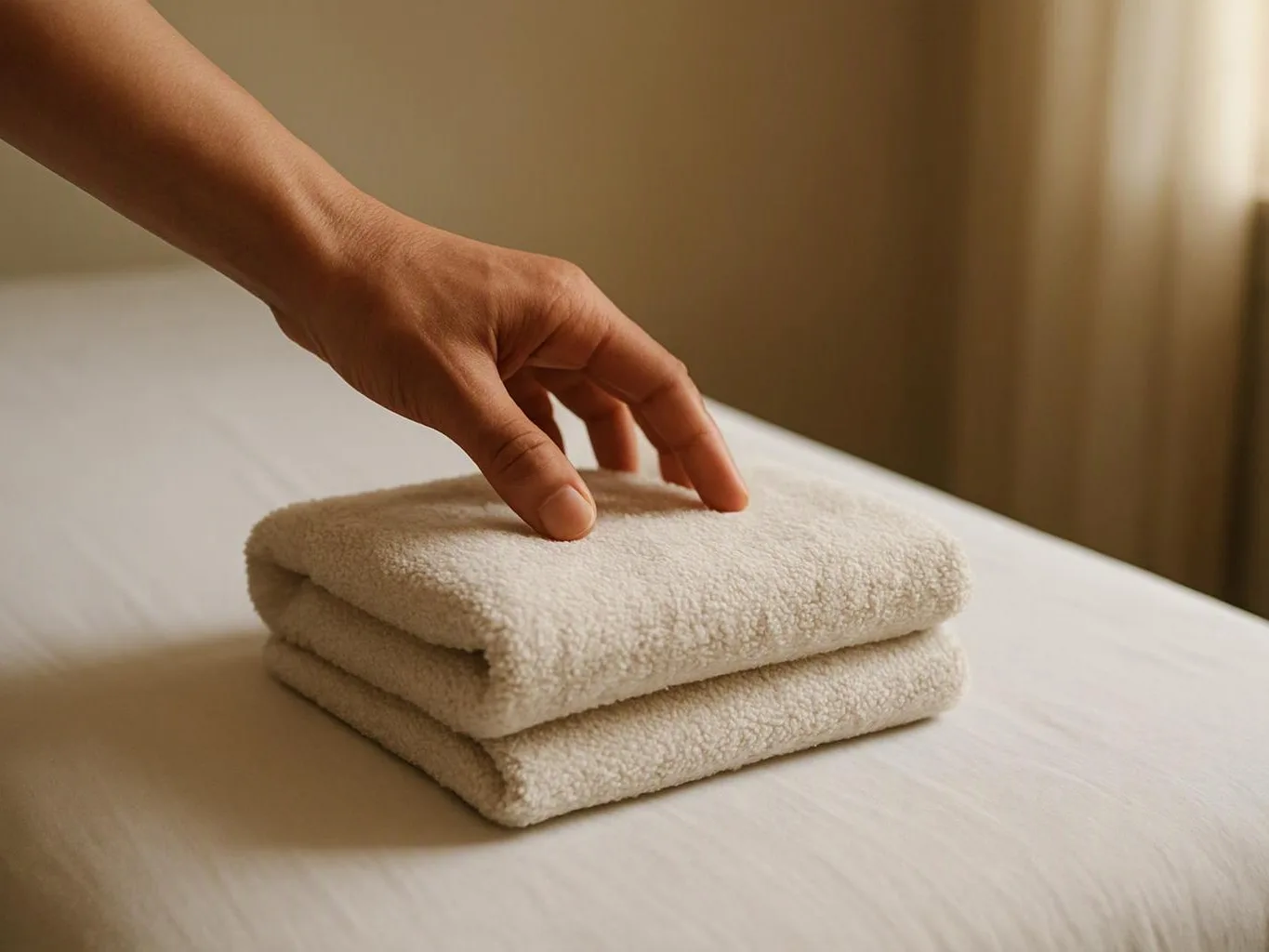 A hand reaches toward a folded white towel stack on a bed in soft warm light