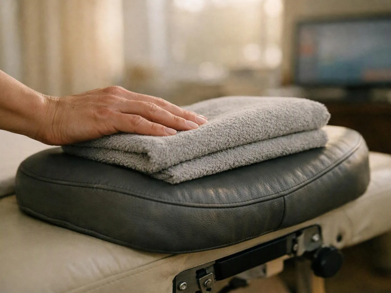 A hand rests on folded gray towels stacked on a black padded cushion in a softly lit room