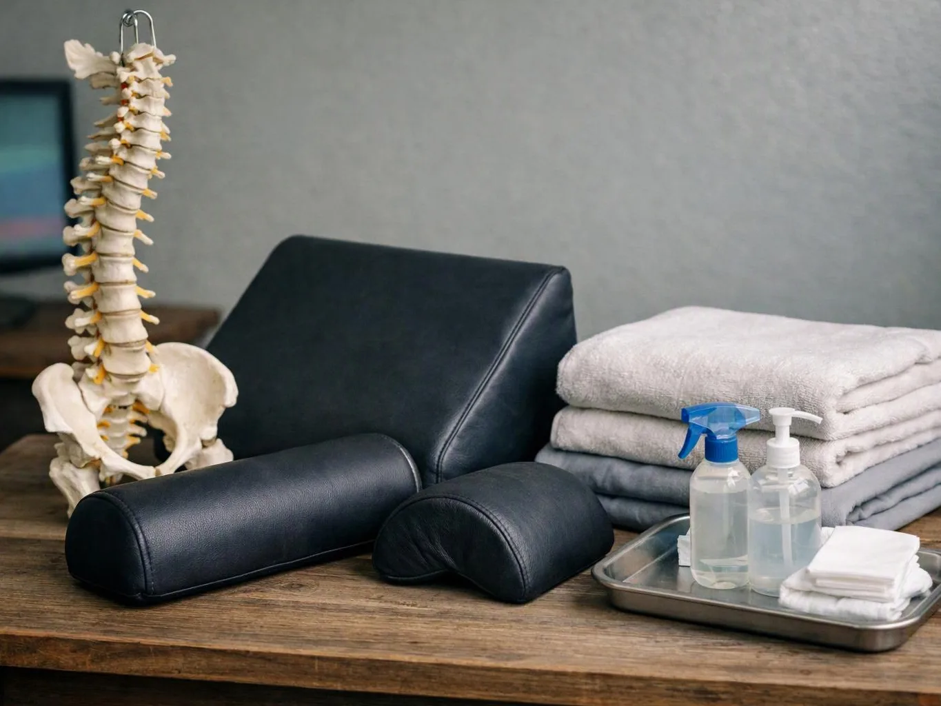 A chiropractic table sits beside a spine model, folded towels, and cleaning bottles on a wooden surface