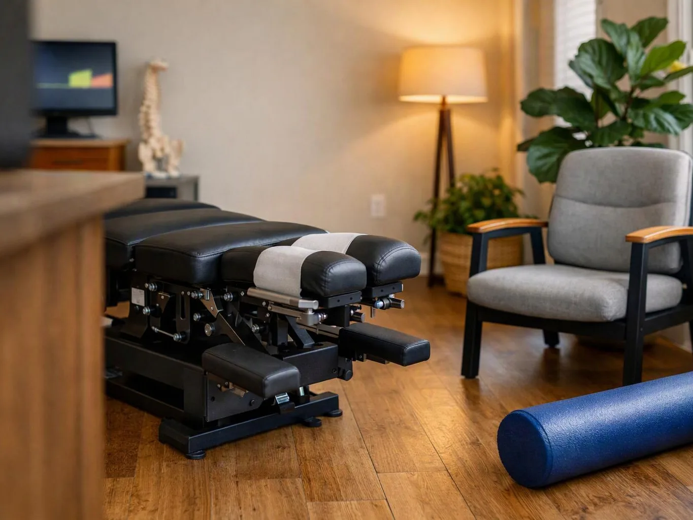A chiropractic treatment table sits in a cozy room beside a chair, lamp, plants, and a blue foam roller