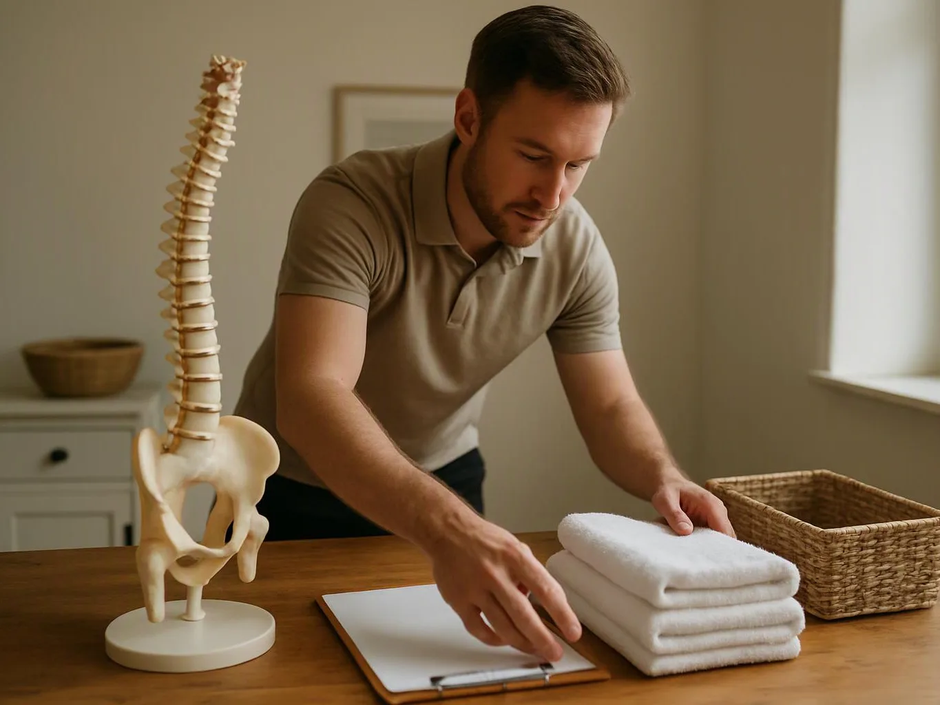 A man arranges folded white towels beside a clipboard and spine model on a wooden table