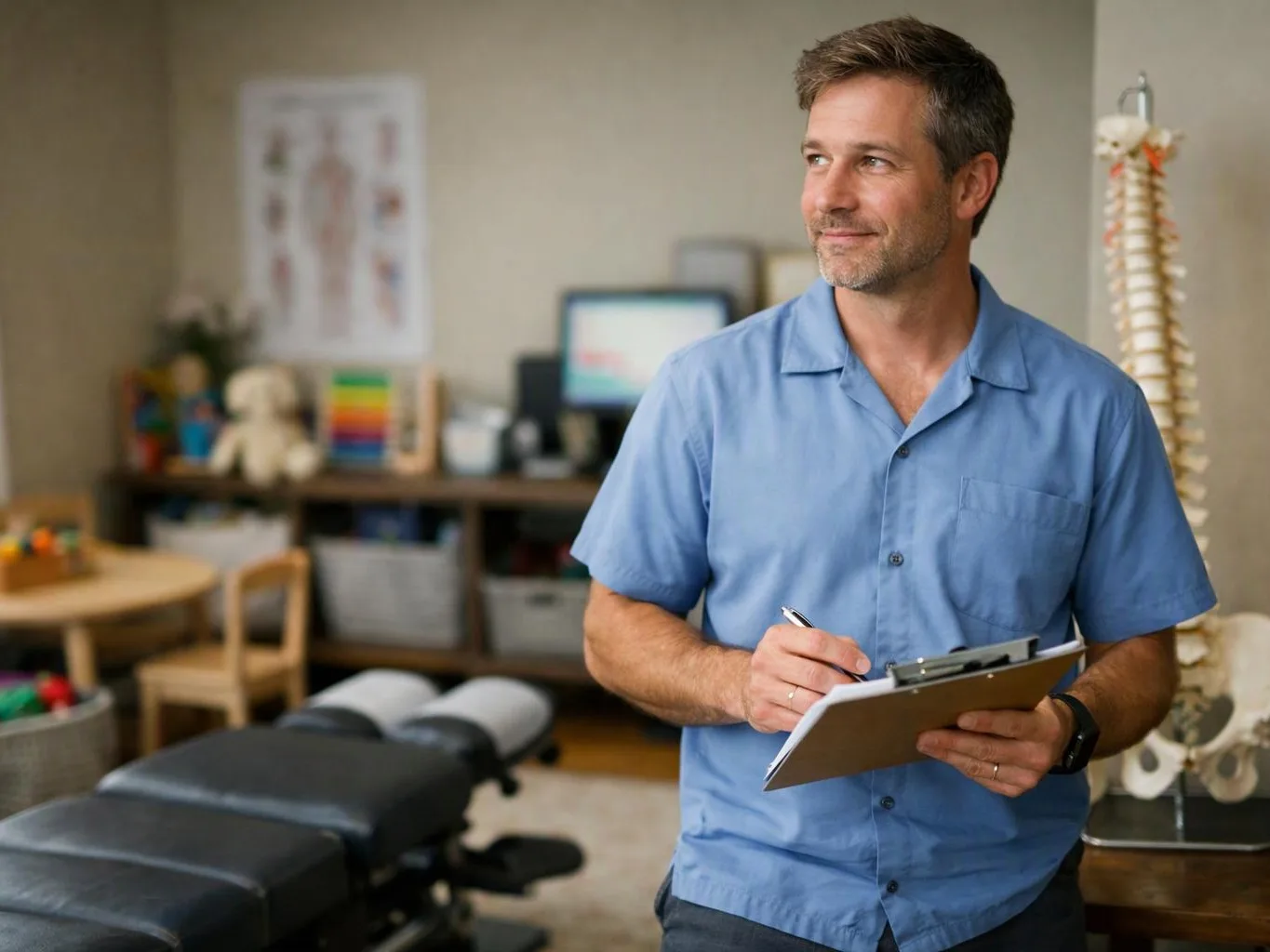 A man in blue scrubs writes on a clipboard in a chiropractic exam room