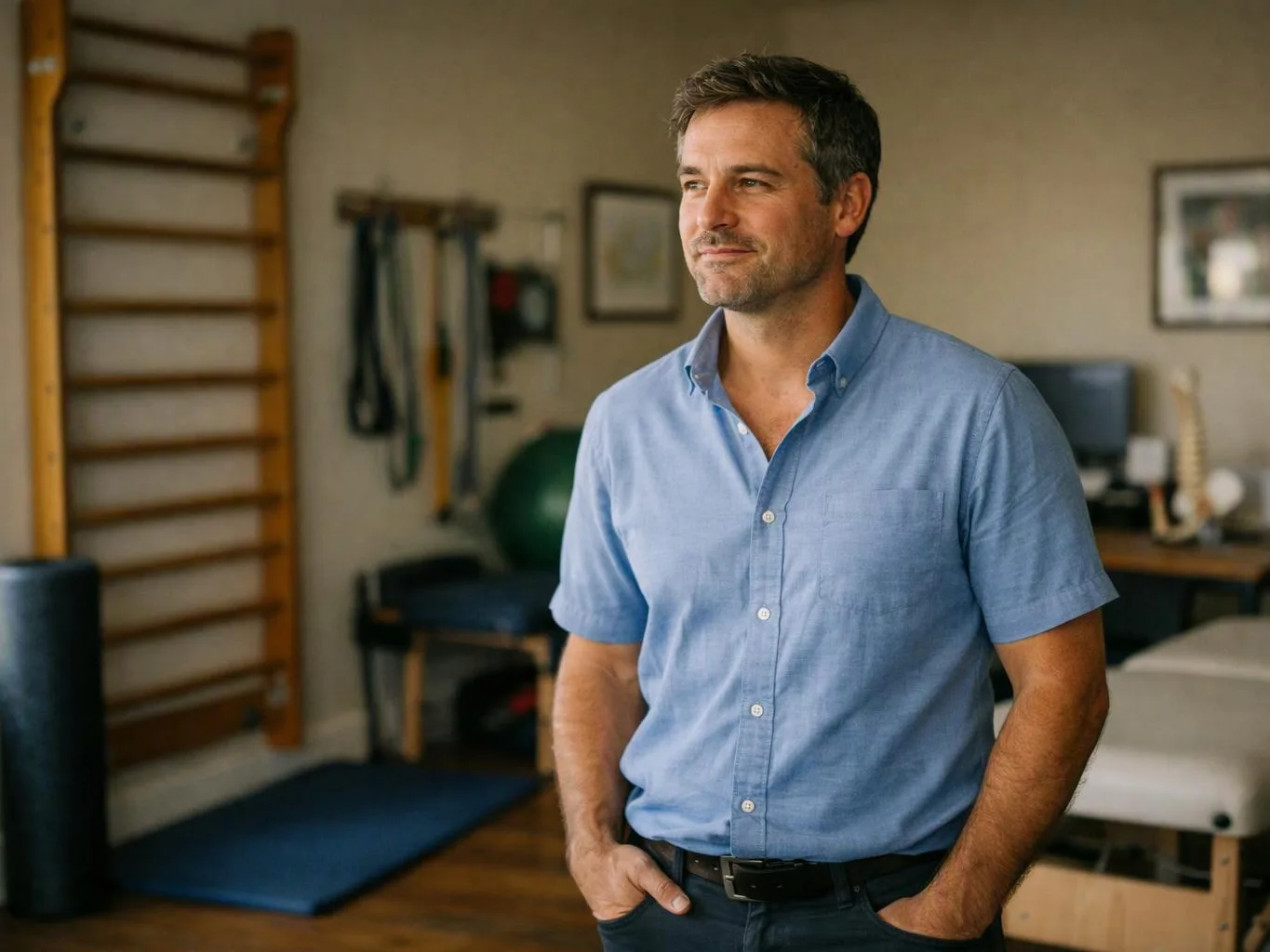 A man in a blue shirt stands in a gym room with exercise equipment and wooden wall bars in the background