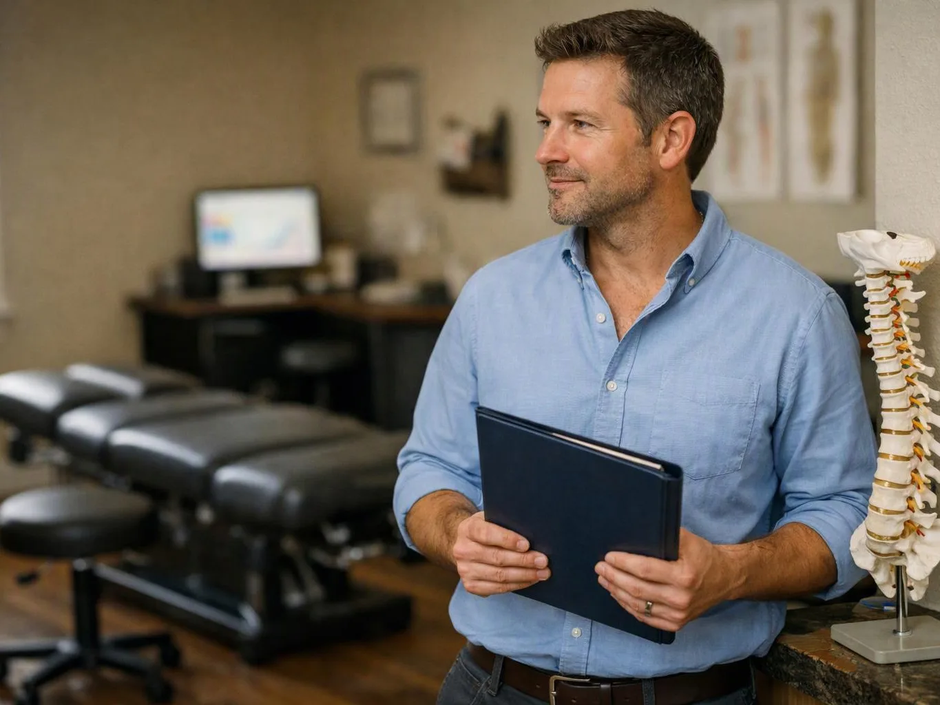 A man in a clinic holds a blue folder beside a model spine and an exam table