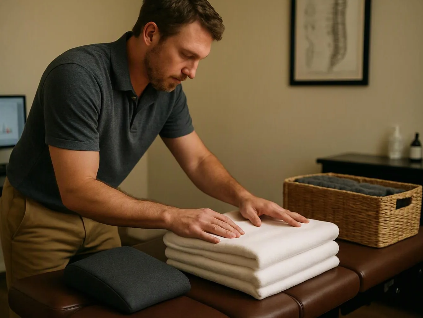 A man folds white towels on a padded table in a calm room