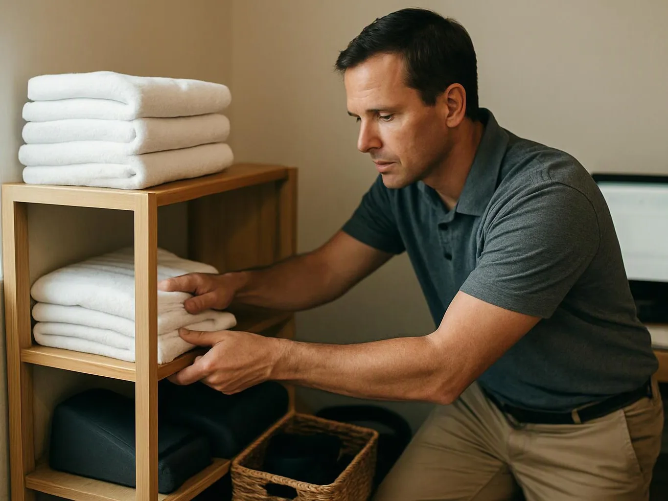 A man in a gray shirt folds towels on a wooden shelf in a tidy room