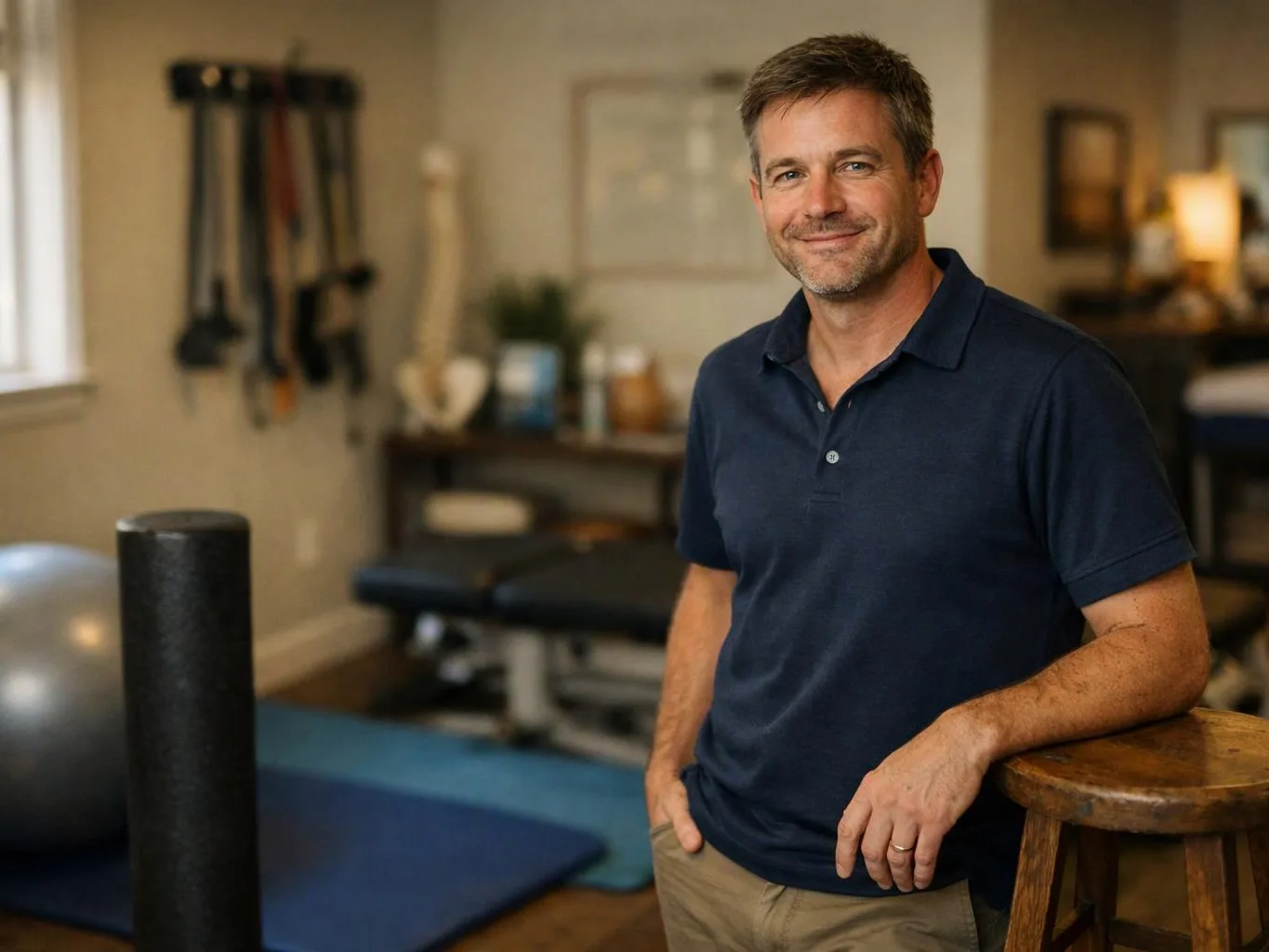 A man in a navy polo smiles in a small gym, leaning on a wooden stool beside exercise equipment