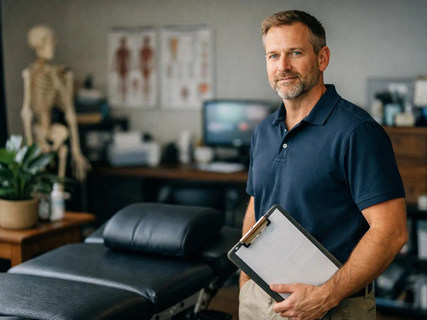 A man in a navy polo stands beside a treatment table in a clinic, holding a clipboard