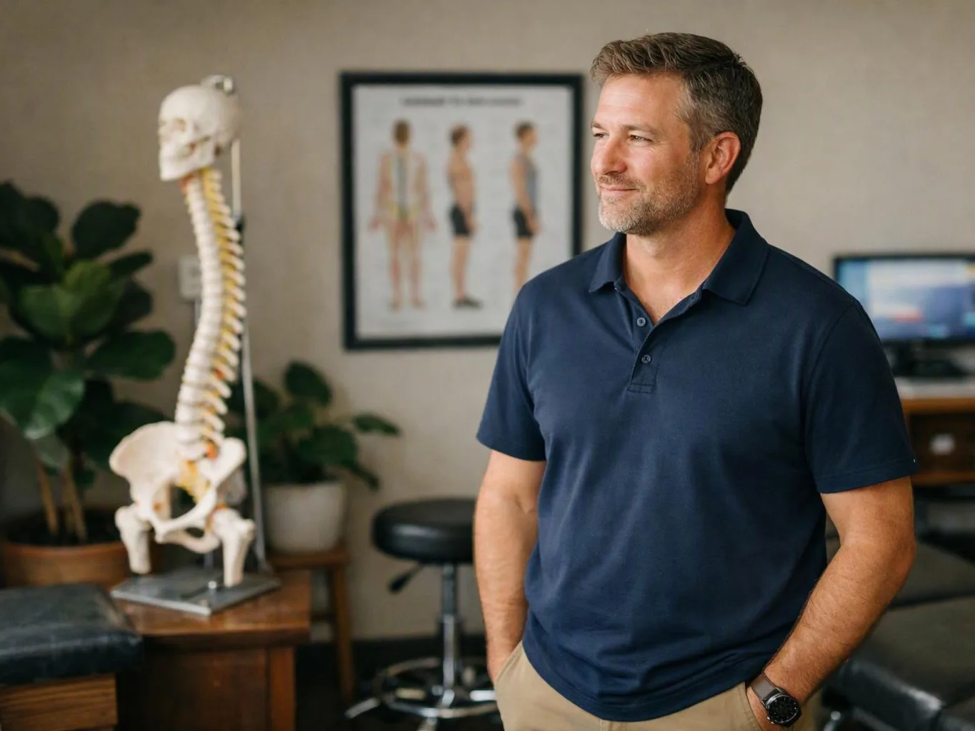 A man in a navy polo stands in a clinic room beside a spine model and anatomy poster