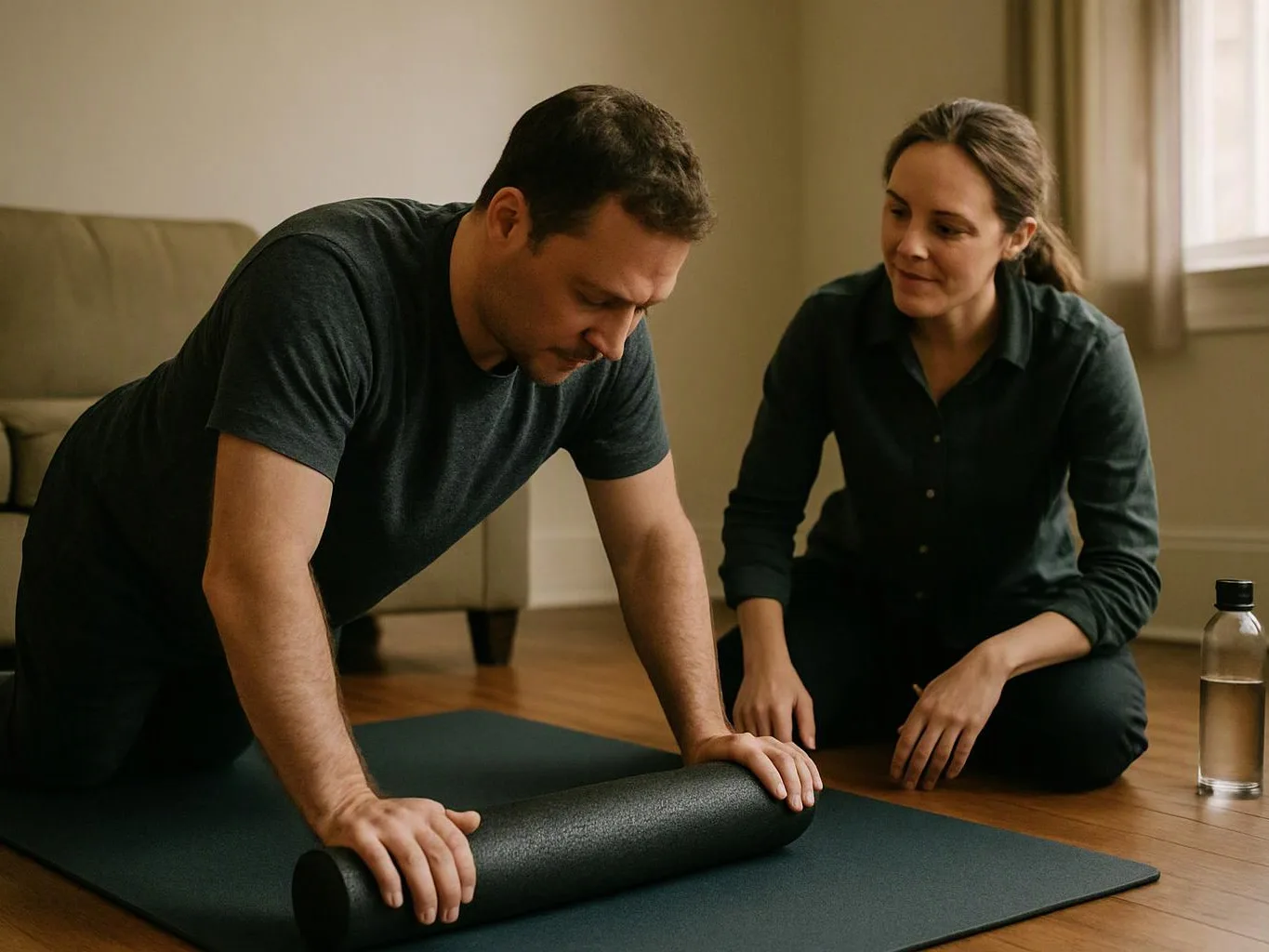 A man rolls out a black exercise mat while a woman kneels beside him in a bright room