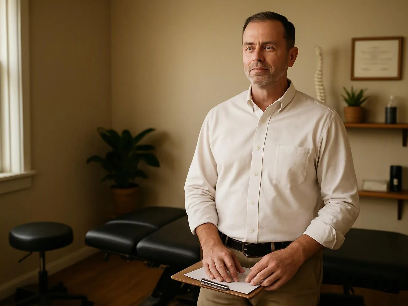 A man stands in a treatment room beside a black exam table, holding a clipboard and looking ahead