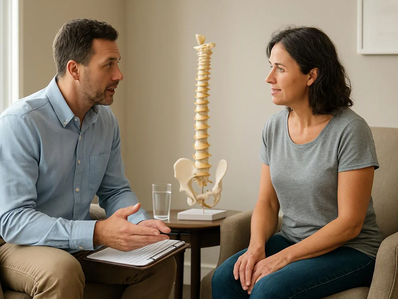 A man talks with a seated woman in a quiet room beside a spine model and water glass
