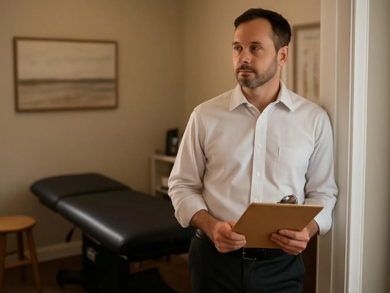 A man in a white shirt holds a clipboard in a quiet treatment room