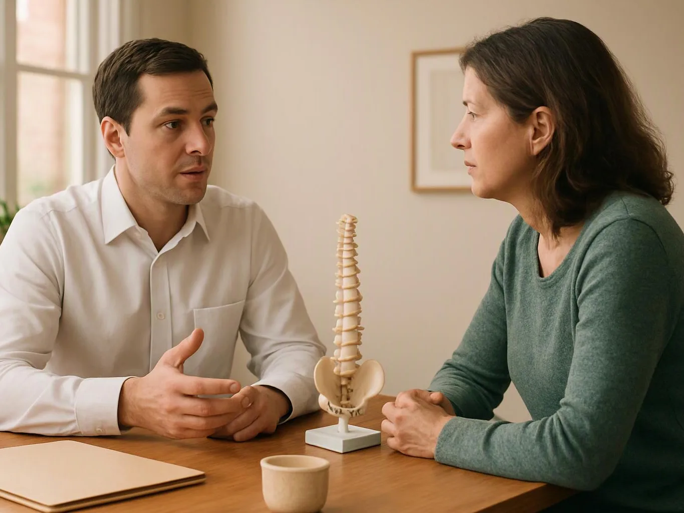 A man and woman sit at a table talking beside a small spine model in a bright room