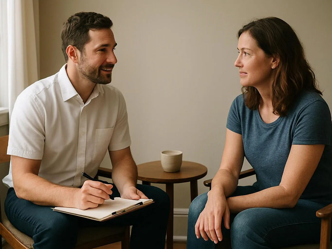 A man writes in a notebook while talking with a seated woman in a simple room