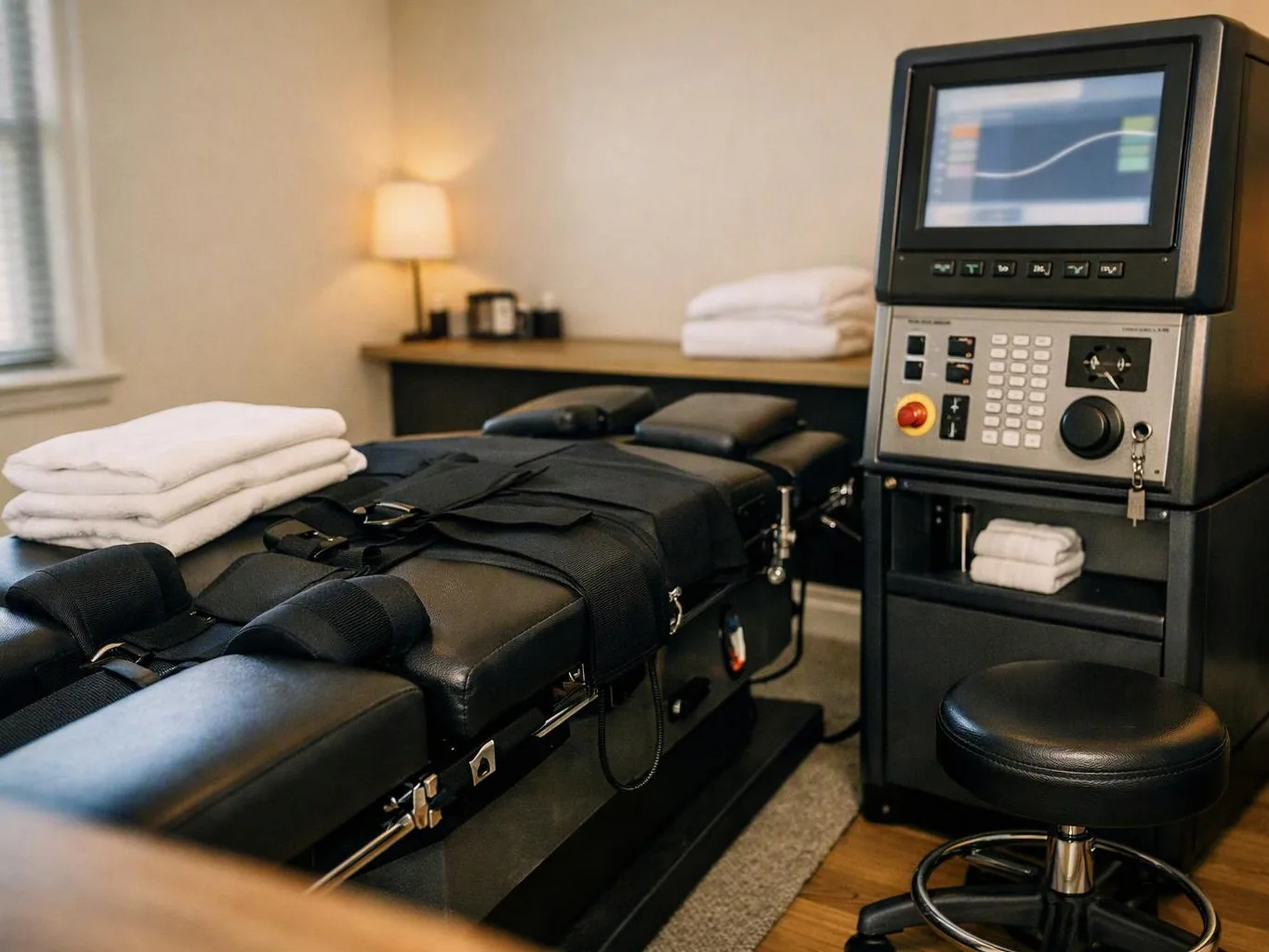 A massage table with black padding sits beside a control machine, folded towels and a stool in a quiet room