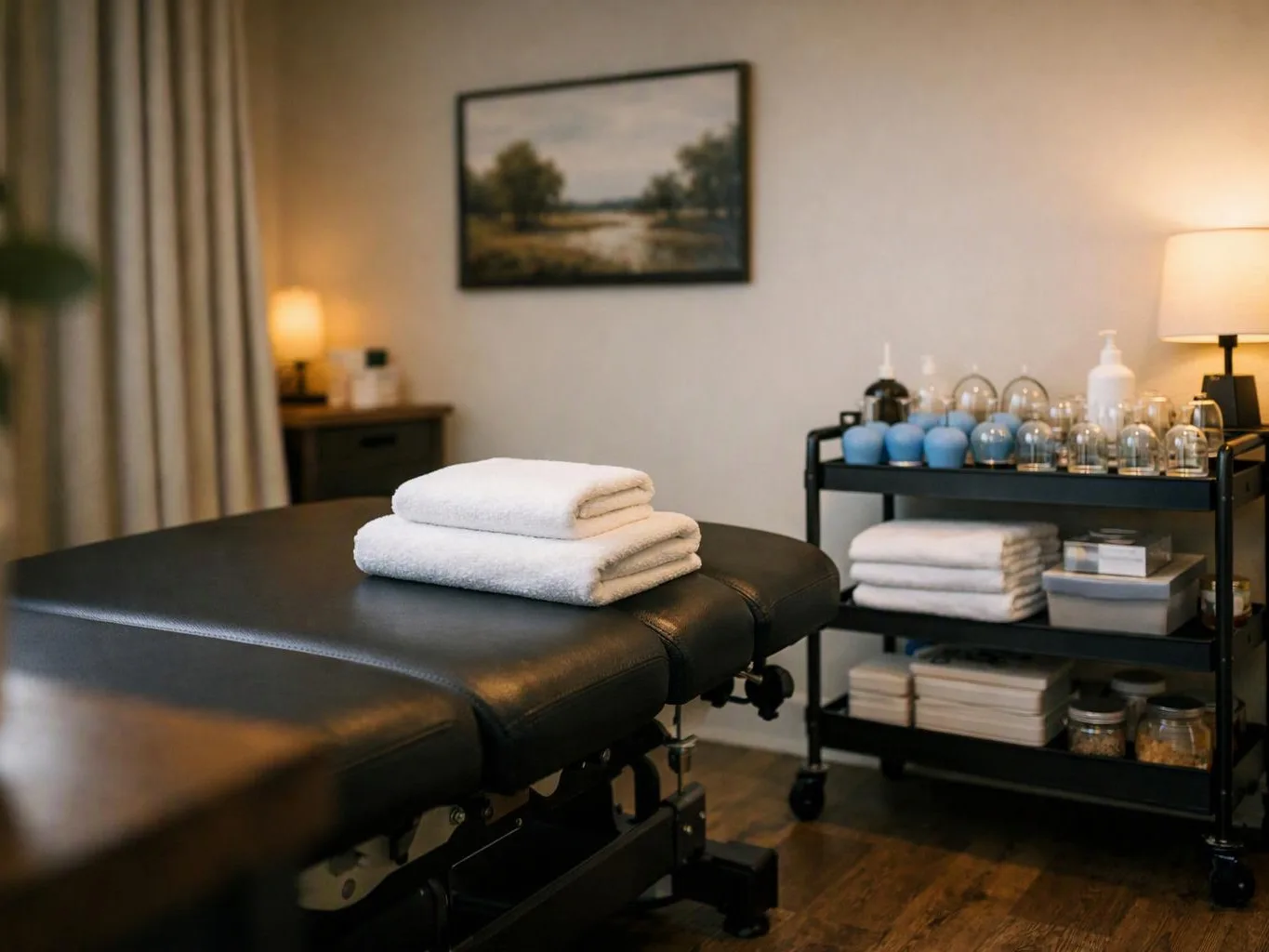 A massage table with folded towels sits in a softly lit treatment room beside a supply cart and lamp