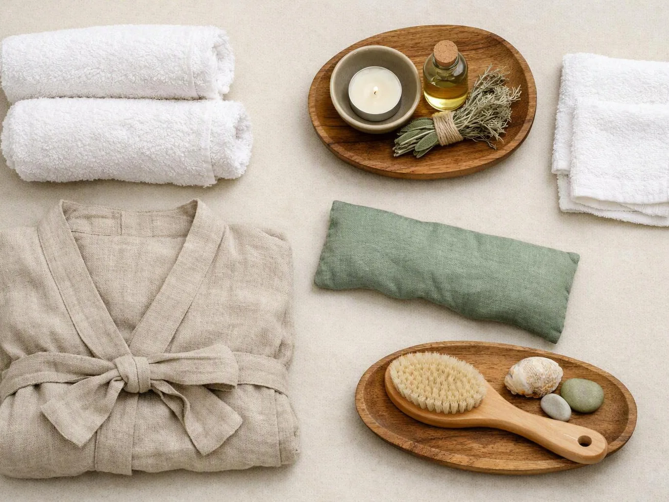 A neatly arranged spa set shows towels, a beige robe, herbal bundles, candles, oil, a brush