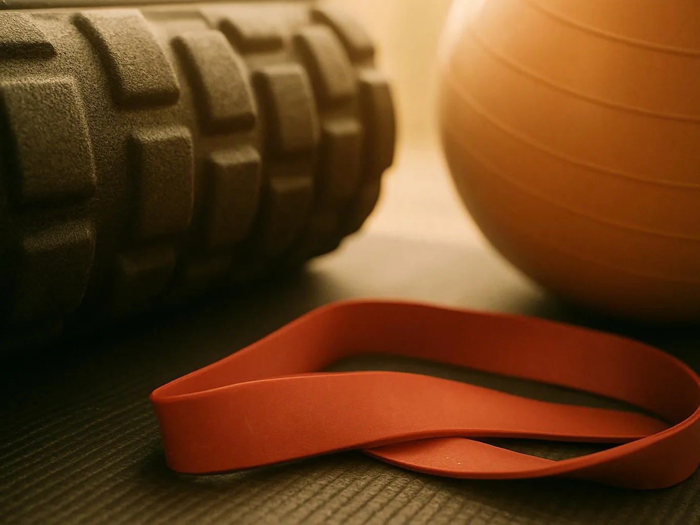 An orange resistance band lies on a mat beside a foam roller and an exercise ball