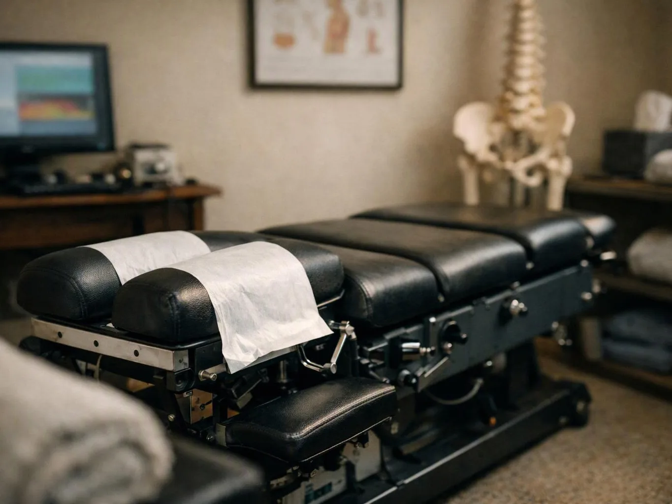 A padded examination table sits in a clinic room beside a spine model and a computer monitor