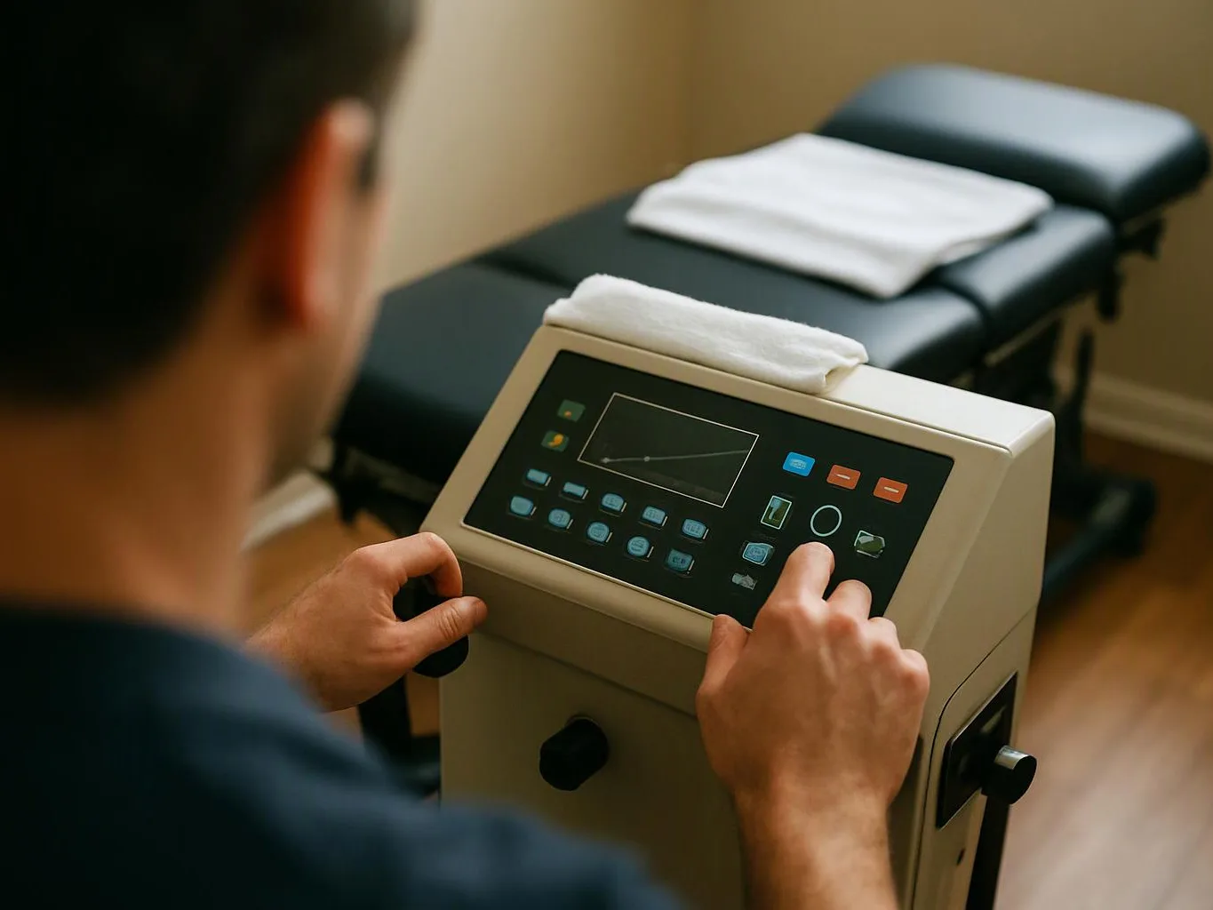A person adjusts a medical control panel beside a padded treatment table in a small room