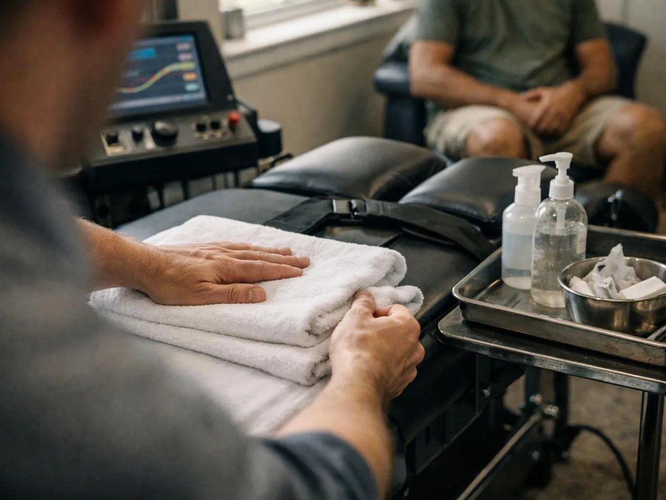 A person folds white towels on a treatment table beside bottles and a tray in a clinic room