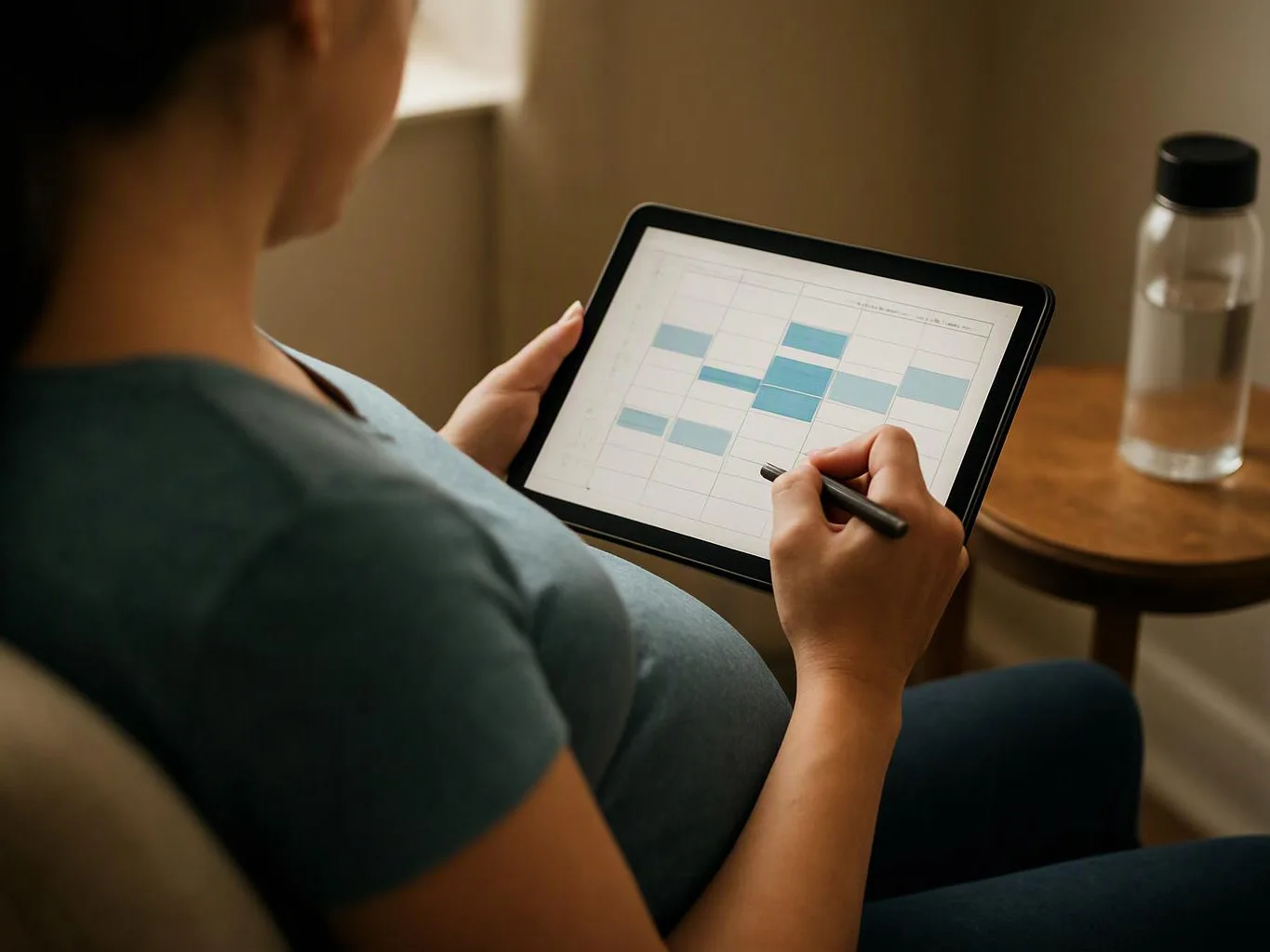 A person sits on a chair, writing on a tablet that shows a blue calendar grid beside a water bottle