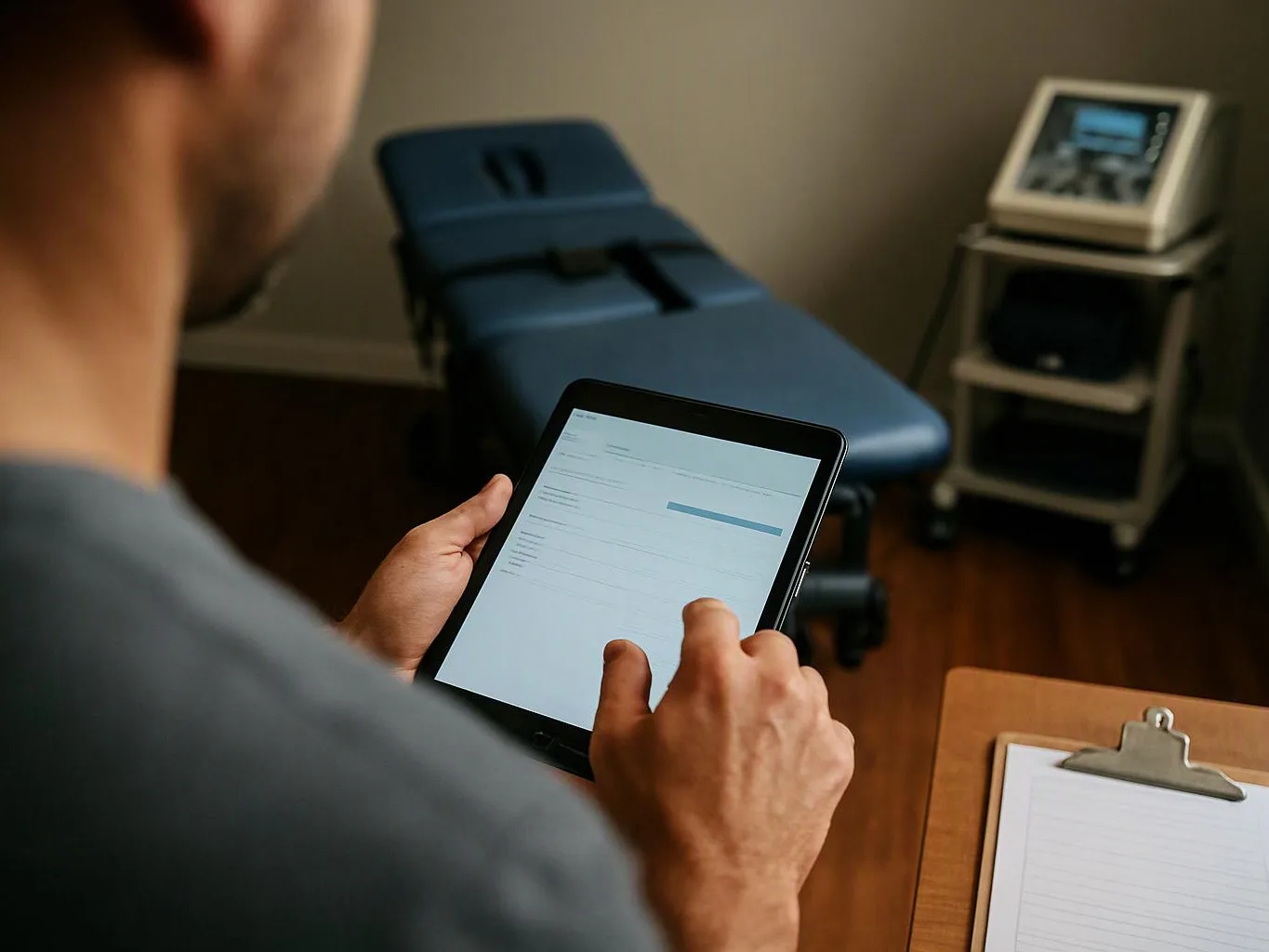 A person uses a tablet in a medical exam room with an examination table and medical machine nearby
