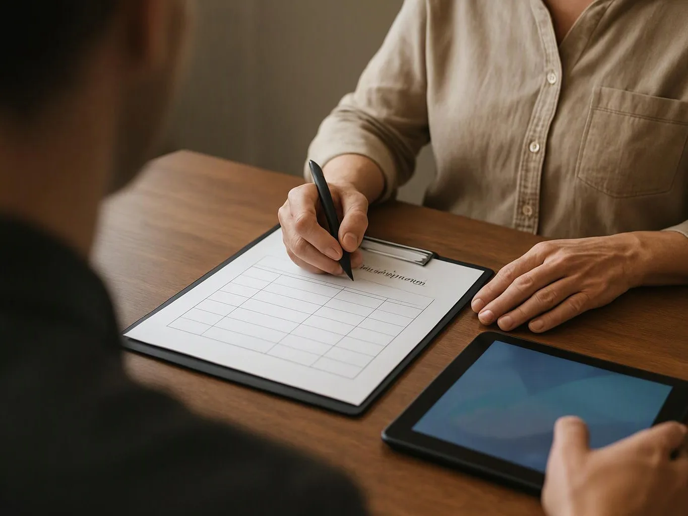 A person writes on a clipboard across a wooden table, with another person and a tablet nearby