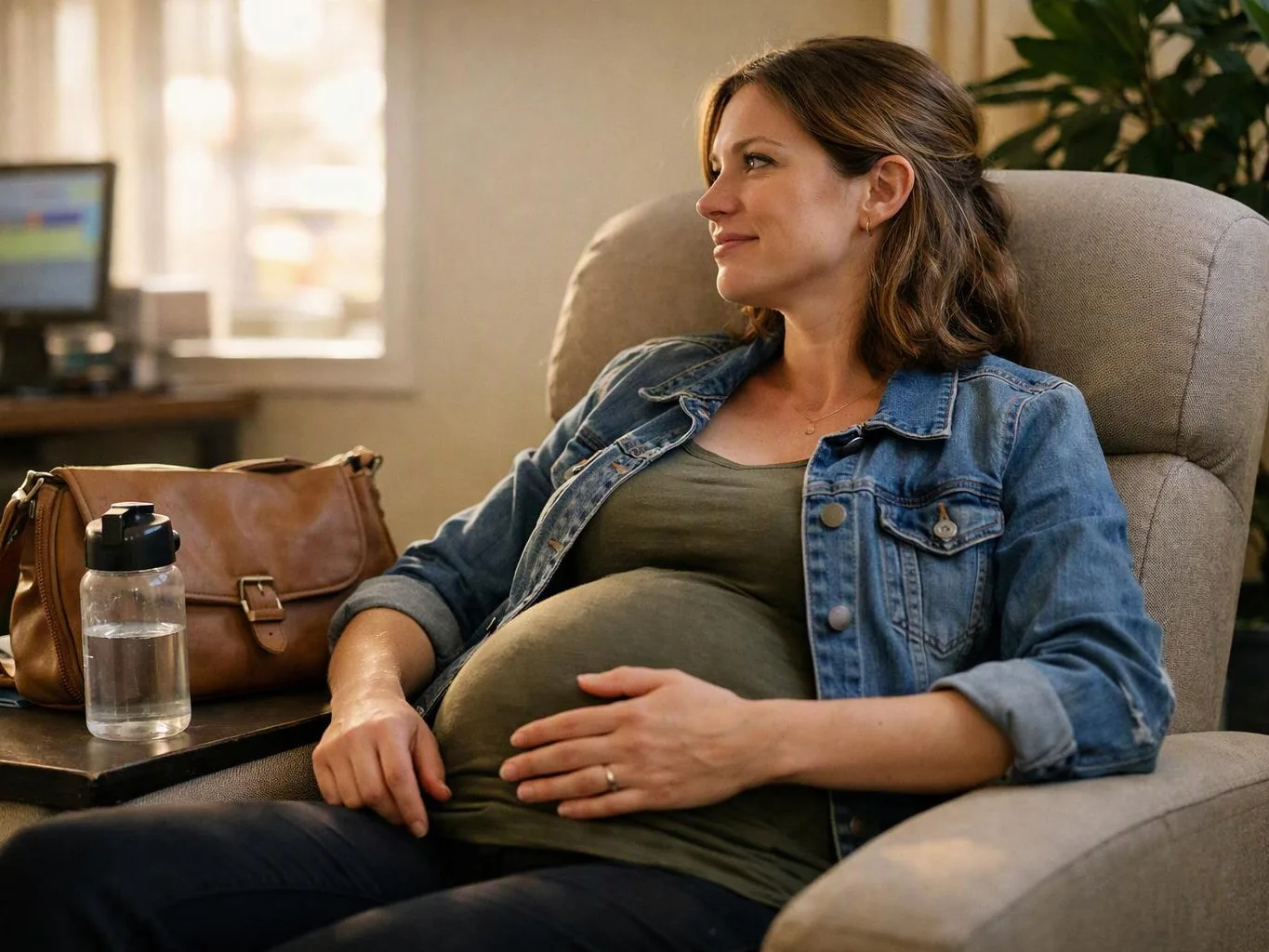 Pregnant woman sits in a cushioned chair, resting a hand on her belly beside a bag and water bottle
