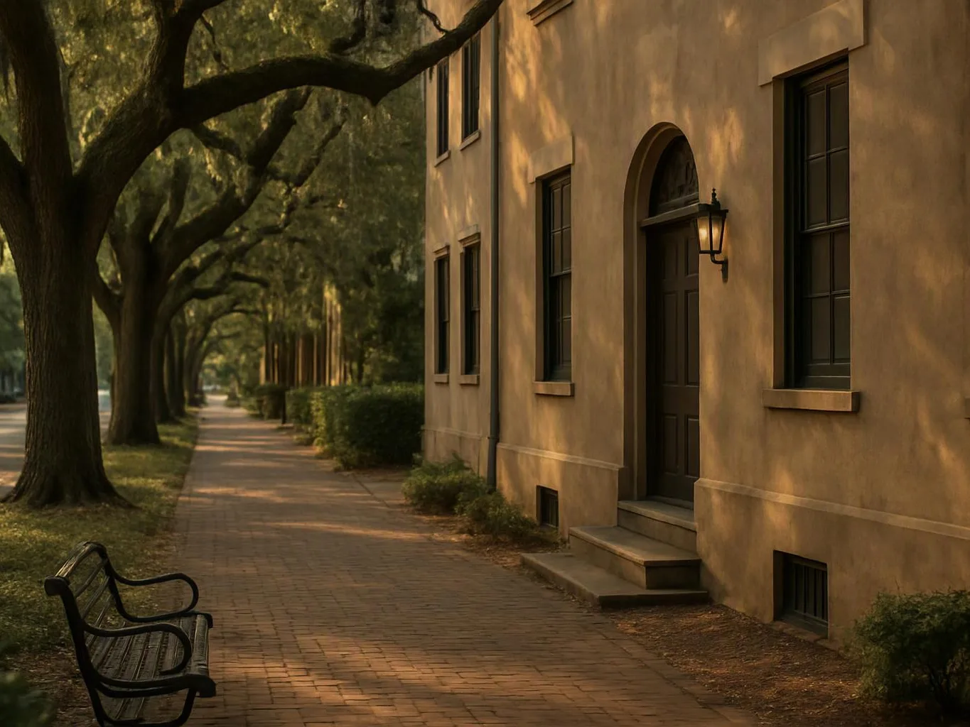 A quiet brick sidewalk runs beside a beige building, with trees, benches, and warm sunlight casting shadows