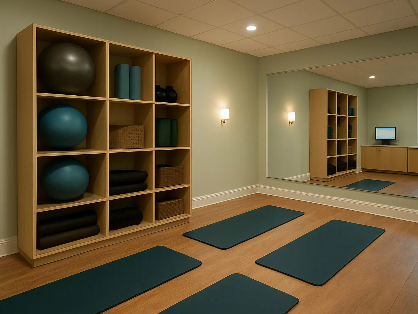 A quiet exercise room shows yoga mats, stability balls, shelves of towels, and a wall mirror