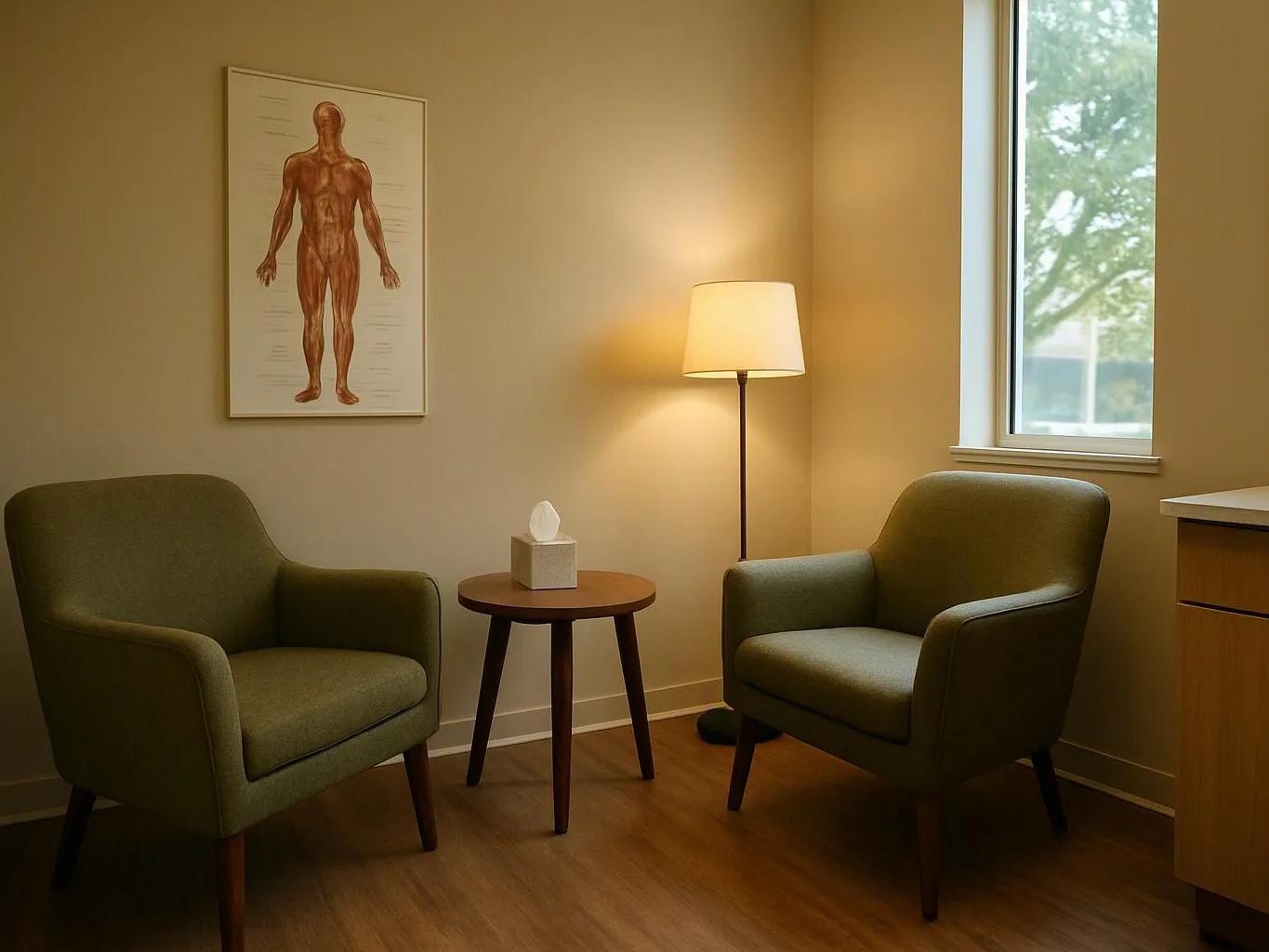 A quiet room has two green chairs, a small table, a floor lamp, and an anatomy print on the wall