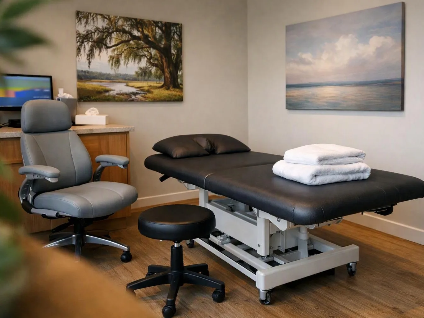 A quiet treatment room shows a black exam table, two stools, a gray chair, and landscape paintings on beige walls