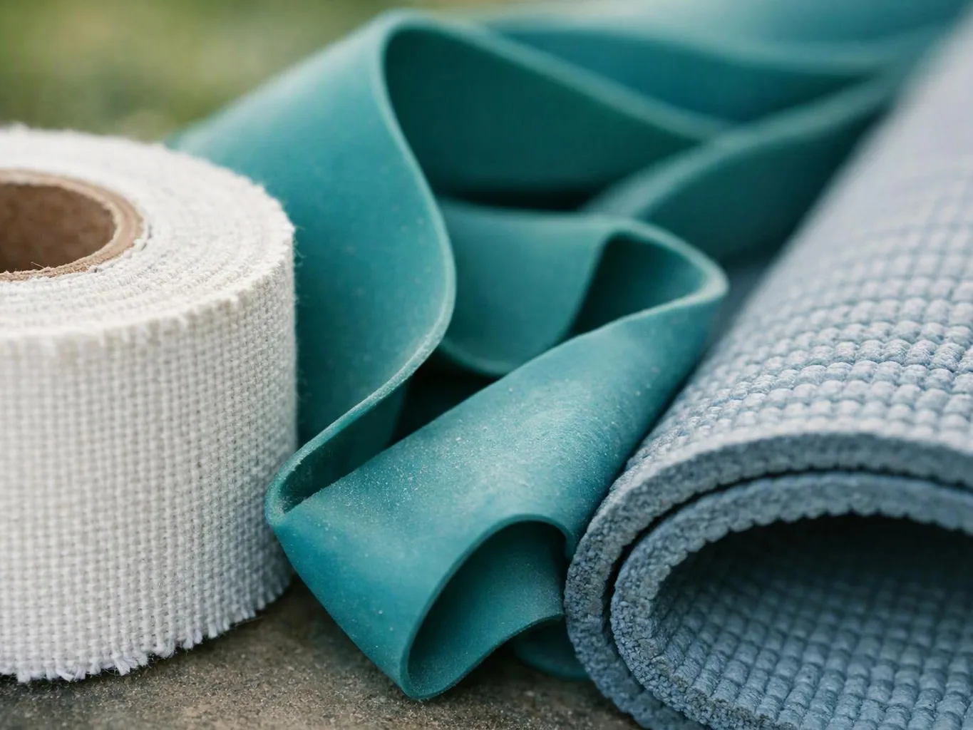 Rolled white, teal, and blue textured exercise mats rest on a concrete surface outdoors