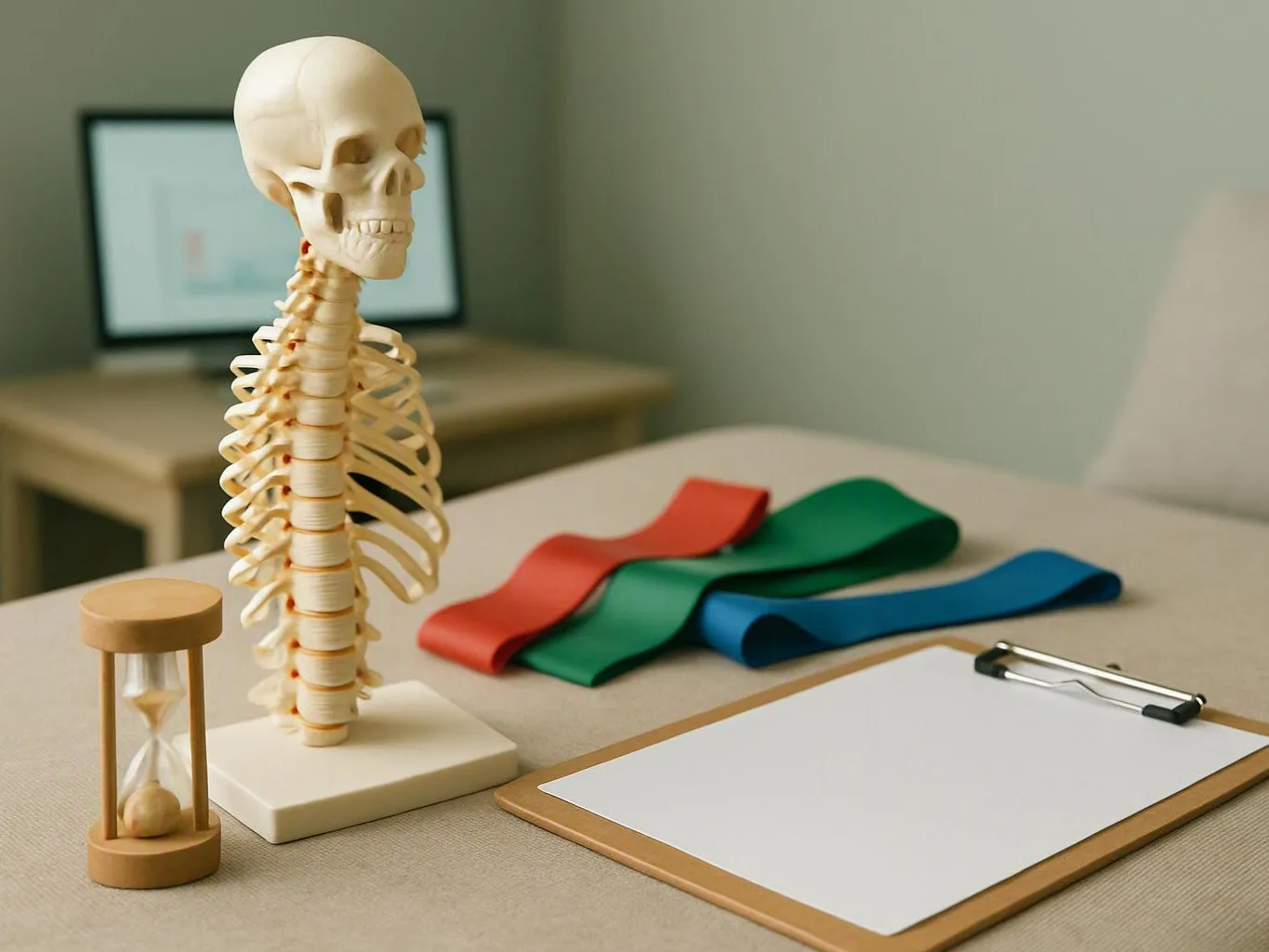 A skeleton model stands beside an hourglass, resistance bands, and a blank clipboard on a desk
